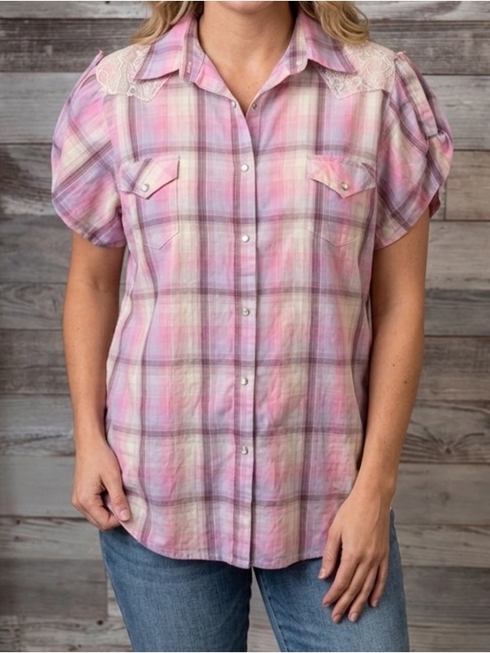 Wrangler Tops - Wrangler Pink Purple Plaid Snap Down Shirt with Lace Accents